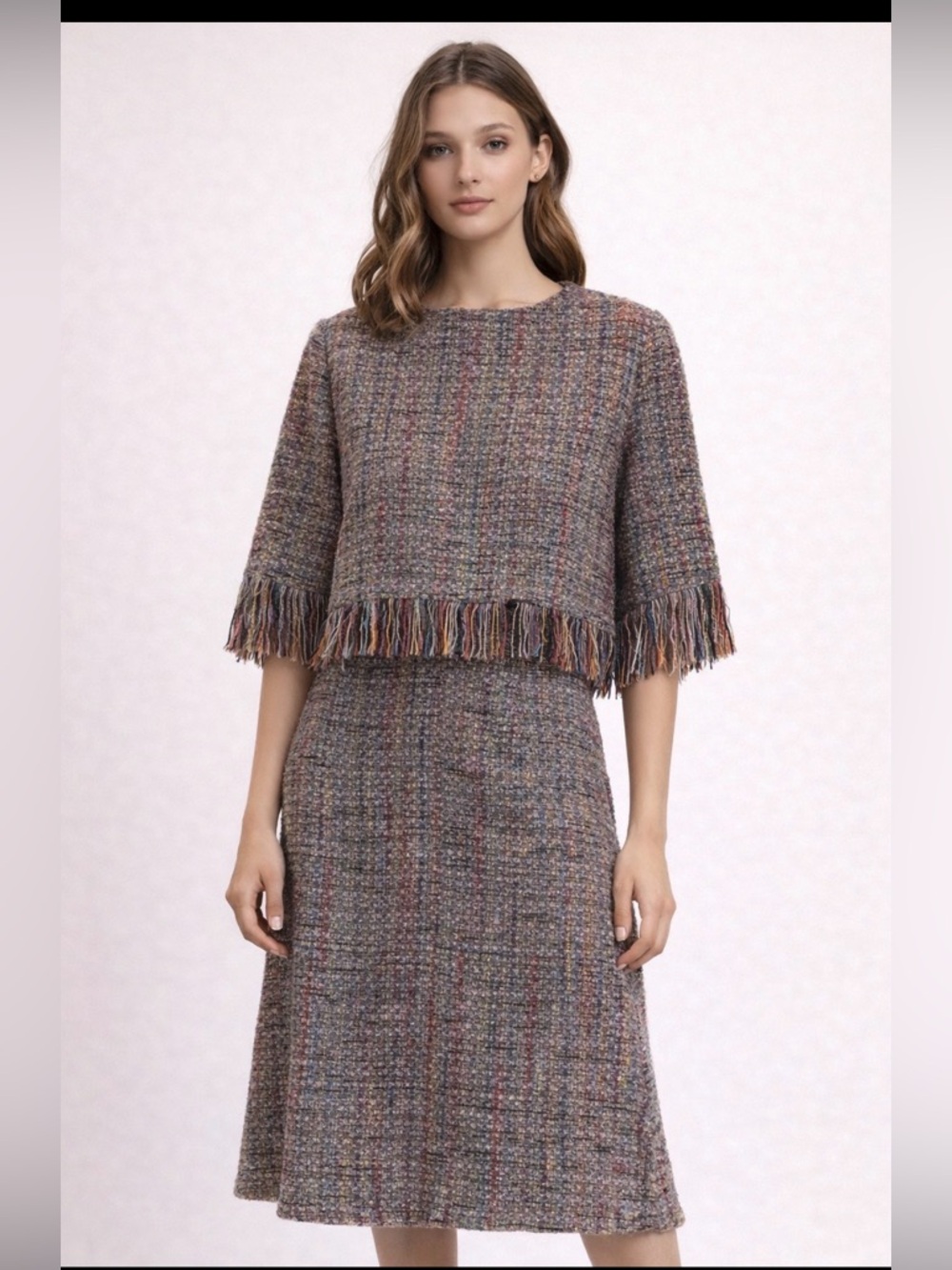 Fringed Tweed Two-Piece Dress Set in Multicolor